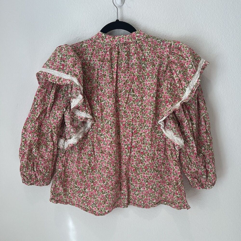 Who What Wear Peasant Romantic Floral Blouse Sz M Pink Cream Puff Ruffle Sleeves - Picture 3 of 7
